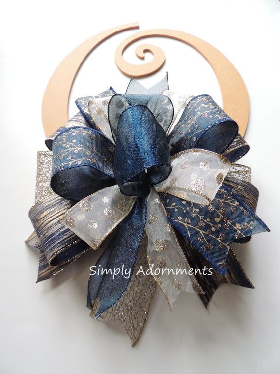 Navy Gold Christmas Bow, Gold Berry Navy Christmas bow, Winter Lantern Bow, Christmas Tree Topper Bow, Gift Bow