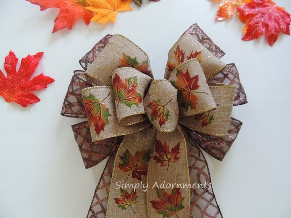 Fall Leaves Bow, Fall Leaves Wreath Bow, Fall leaves lantern Bow, Brown Orange Fall Leaves door Bow Thanksgiving door bow, Autumn wreath bow