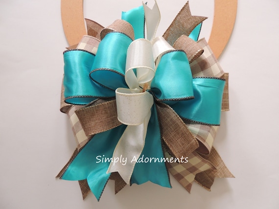 Teal tan Farmhouse Bow, Teal Tan Farmhouse Door Bow, Dark Teal tan farmhouse Wreath Bow, Farmhouse lantern Bow, Teal Tan Buffalo Check bow