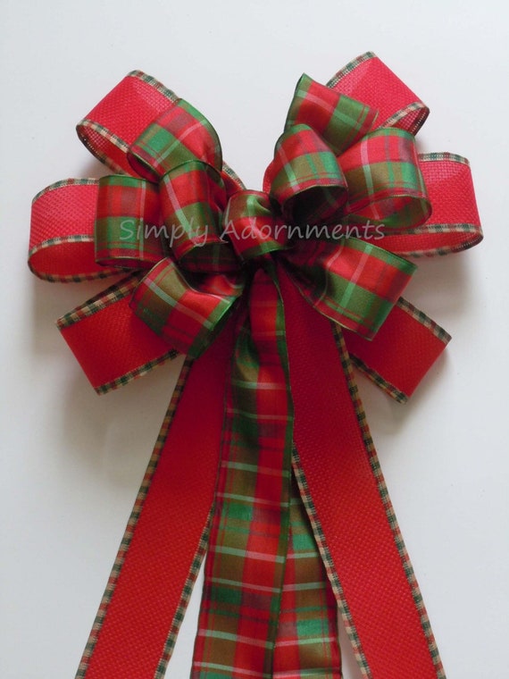 Red Green Plaid Bow, Christmas Plaid wreath Bow, Red Green Plaid Christmas Bannister bow, Red green tartan Door bow, Christmas Tree Bow