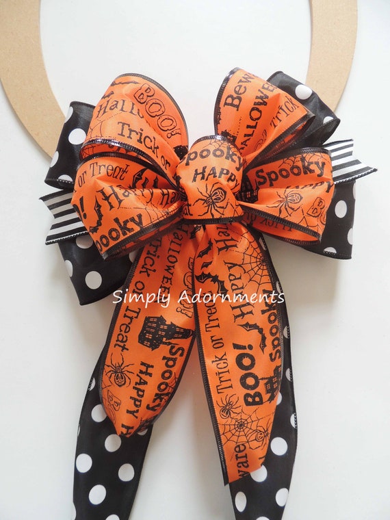 Black Orange Halloween Bow, Happy Halloween Scripts Wreath Bow, Orange Black Halloween Lantern Bow, Orange Black Sign bow, monogram Door Bow Il_570xn