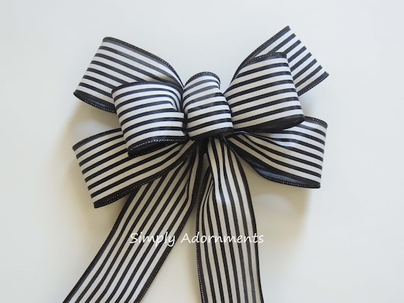 Black White bow, Black white Cabana Stripes Bow, Farmhouse Striped Bow, Black stripes lantern bow, French Country bow Black white Stripe Bow Il_570xn
