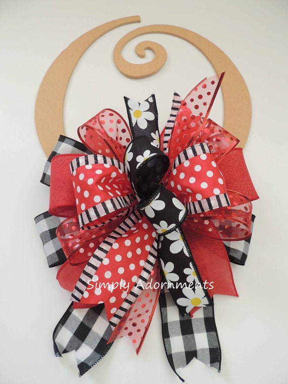 Black Red Bow, Red black Wreath Bow, Summer flowers lantern bow, Summer Wreath door Bow, Red black themed decor, Striped dot bow, gift bow