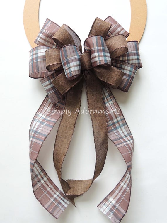 Brown Blue Plaid Bow, Farmhouse Wreath Bow, Brown Themed Accent Decor, Everyday Wreath bow, Farmhouse Lantern Bow