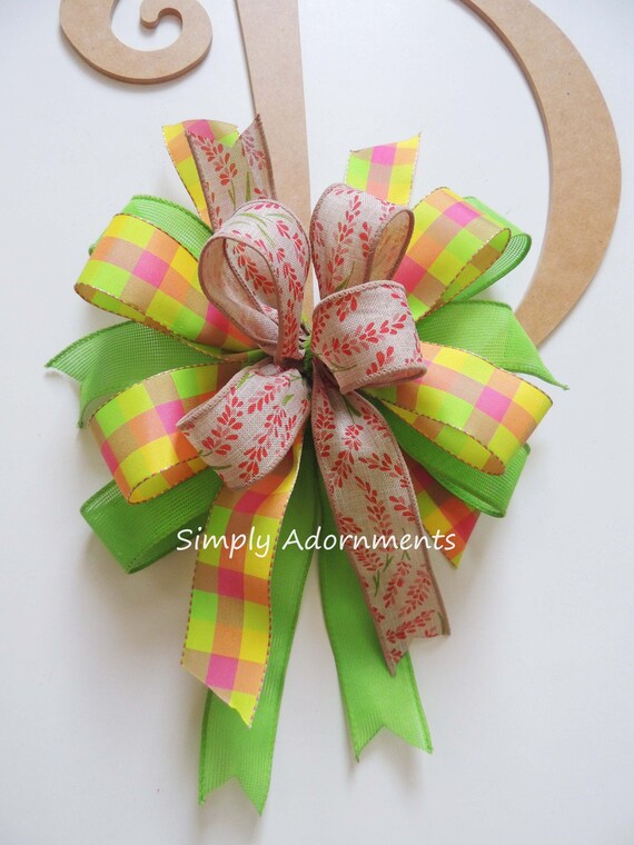 Yellow Green Spring Check bow, Spring Wreath bow, Bluebonnet coral Flowers Bow, Spring Flowers Lantern Bow, Spring flower door bow, Gift Bow