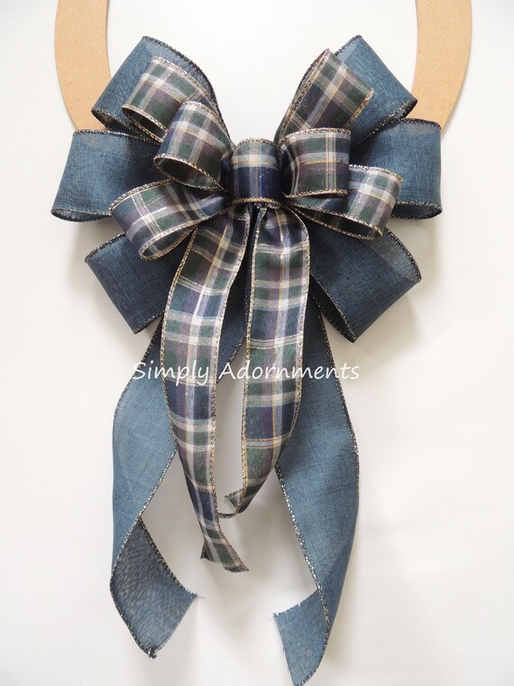 Navy Green gold Plaid Bow, Rustic Navy Green Plaid bow, Blue Green Check Wreath Bow, Blue green Check Bow, Blue Emerald Plaid bow, Door bow