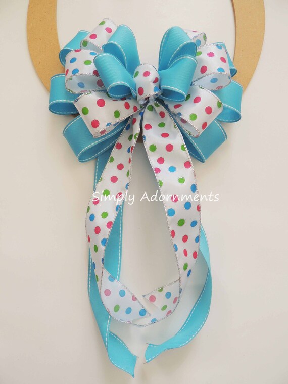 Turquoise Spring Dots Wreath Bow, Easter Wreath Bow, Spring Polka Dots Door bow, Birthday party decor, Basket Gift Bow, Blue Baby Shower Bow