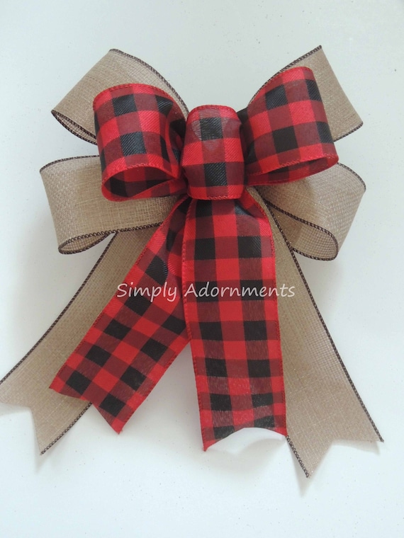 farmhouse Christmas bow, Red Black Buffalo Plaid Sparkle Burlap Bow, Black Red Buffalo check Christmas Wreath Bow, Christmas Lantern Bow