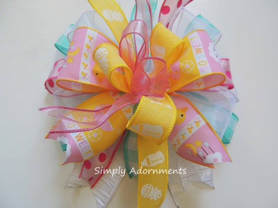 Oh Baby Bow, Baby Girl Shower Bow, Baby Girl Shower Gift bow, Pink Yellow Teal Baby Shower Bow, Baby Girl Shower Party decor Basket gift bow