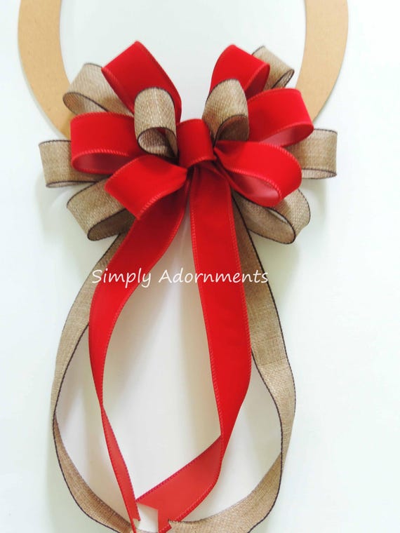 Red Velvet Christmas Bow, Velvet Burlap Wreath bow, Candy Cane Bow, Ho Ho Bow, Lamp Post Accent, Mailbox Decor