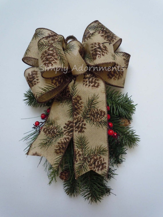 Woodland Christmas Bow Pine Cones Rustic Burlap Wreath Bow Primitive Brown Christmas Pine Swag Bow Rustic Pine Cones Burlap Wreath Swag Bow