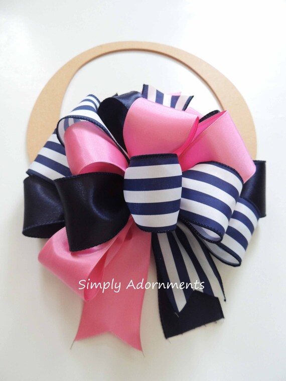 Navy Pink bow, Navy Pink Wreath Bow, Nautical Navy Pink Home Decor, Summer Beach Bow, Navy Pink Lantern bow, Porch Sign bow, gift Bow Il_570xn