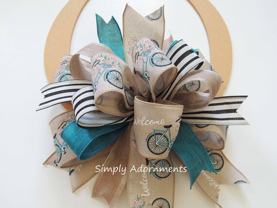 Farmhouse Spring Bow, Teal Tan Bicycle  Wreath Bow, Farmhouse Easter Bow, Farmhouse Spring Bow, Spring lantern Bow, Bicycle Bloom door Bow