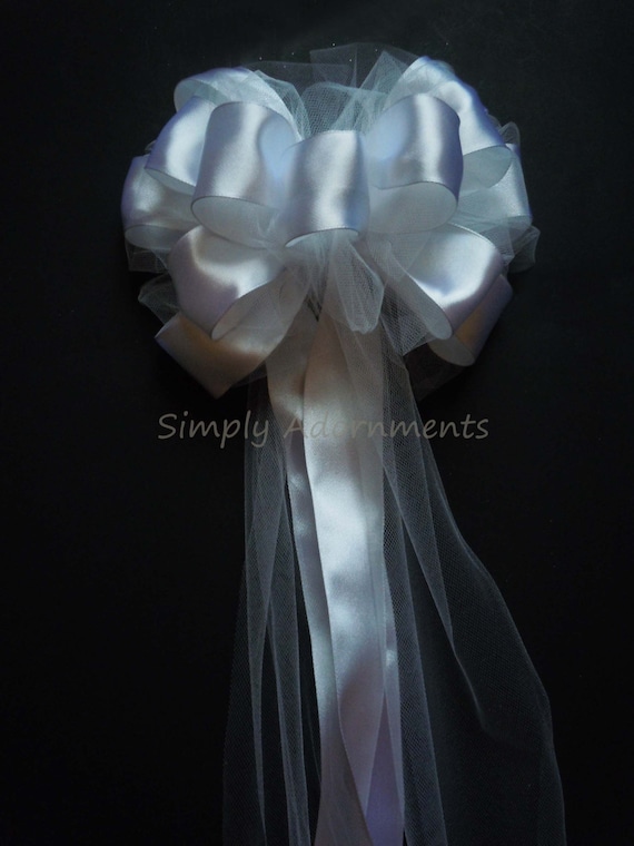 White wedding Bow, White satin Tulle Bow, White Chair bow, White Church pew bow, Church Aisle Bow, White Ceremony Bow, Bridal Shower Bow