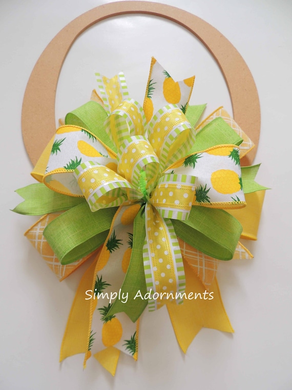 Pineapple Bow, Pineapple Wreath Bow, Yellow Green Tropical bow, Yellow Green Pineapple Bow, Tropical birthday party bow, Pineapple door bow