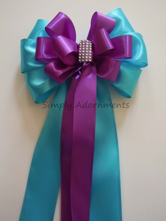 Turquoise Purple Bow, Blue Purple Bling Bow, Peacock Wedding Bow, Purple Blue Chair Bow, Church Aisle Pew Bow, Blue Purple Wreath Bow