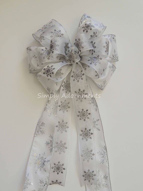 White Silver Snowflakes wreath Bows Snowflakes Wedding Pew Bow Silver White Snowflakes Christmas Tree Bow Disney's Frozen Birthday Party Bow Il_570xn