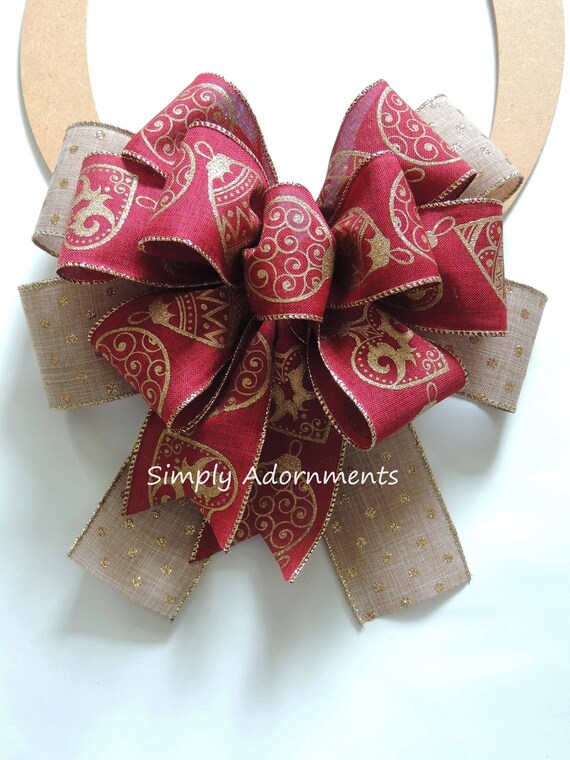 Christmas Wreath Bows, Burgundy gold ornament Christmas bow, Red gold Ornament Bow, Christmas door bow, Red Christmas Lantern bow, Gift bow