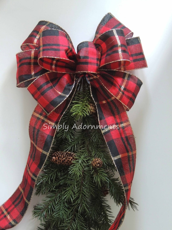 Christmas Plaid Bow, Red Black Gold Christmas Bow, Red Black Tartan Wreath Bows, Christmas Plaid Door Hanger Bow, Red Black Tree Topper bow