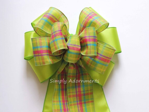 Lime pink Spring Plaid Bow, Green Spring wreath Bow, Plaid Wedding Aisle Bow, Spring bow for porch sign, Bow for Wreath, Gift basket bow
