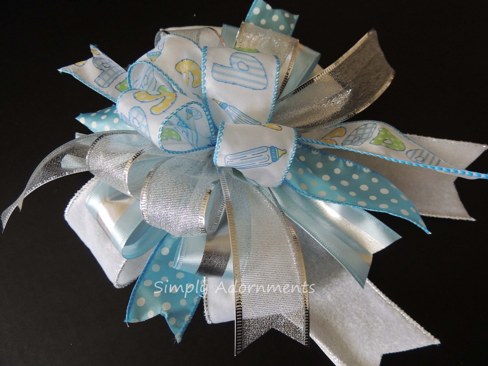 Blue Baby Shower Bow Baby Boy Gift Bow Blue Silver Baby Etsy