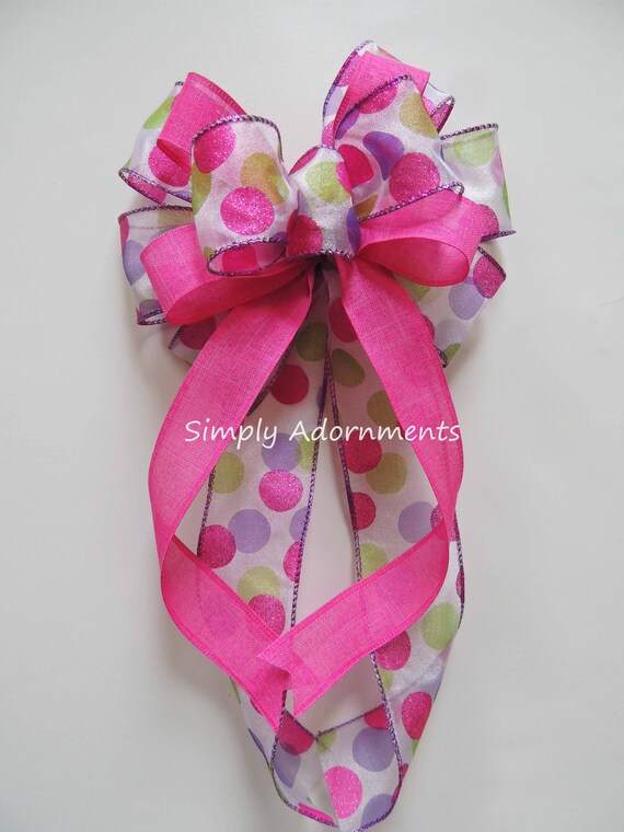 Spring Polka Dots Bow, Spring wreath Bow, Purple Pink Green Dots Bow, Polka Dots Birthday Party bow, Spring Dots Door Bow, Pink Basket Bow