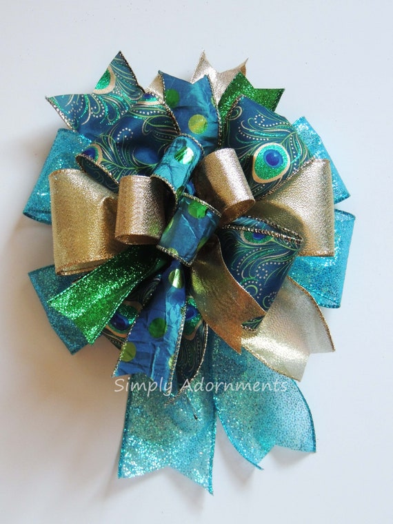 Teal Gold Peacock Bow, Blue Gold Peacock Wreath Bow, Peacock Lantern swag bow,Whimsical Peacock Christmas Tree topper bow, Peacock Gift bow Il_570xn