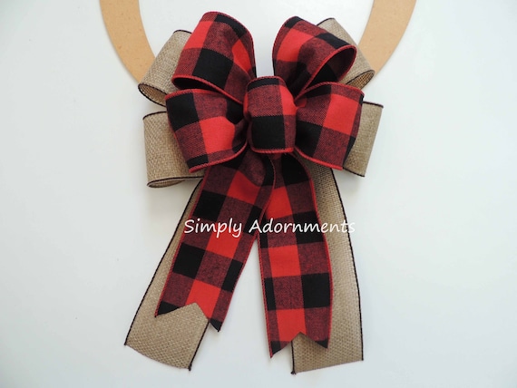 Farmhouse Red Black Check bow, Christmas Red Black Buffalo Plaid Bow, Black Red Buffalo check Christmas Wreath Bow, Christmas Lantern Bow