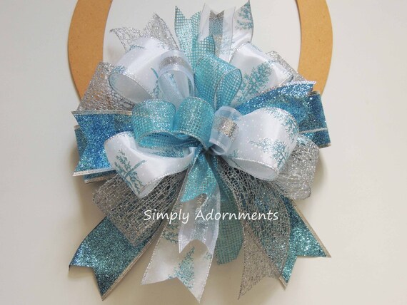 Aqua Blue Silver Bow, Light Blue Silver Christmas tree Bow, Blue Silver Winter Holiday Bow, Silver blue Christmas lantern Bow, Tree topper Il_570xn