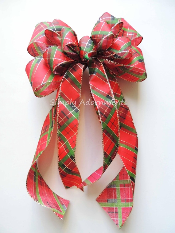 Plaid Christmas Bow, Red Green Bow, Traditional winter Wreath Accent, Tree Topper Decoration