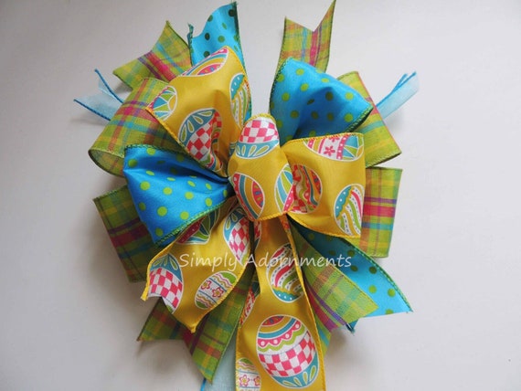 Turquoise Yellow Easter bow, Easter Wreath bow, Easter Lantern Bow, Lime Turquoise Yellow Easter Eggs bow, Easter Basket Bow Easter Door Bow