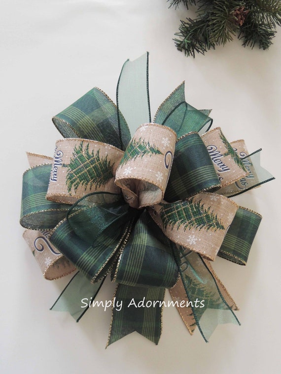 Farmhouse Merry Christmas Bow, Hunter green Plaid Christmas Bow, Christmas Tree Bow, Green Christmas tree bow, Green plaid Christmas Bow