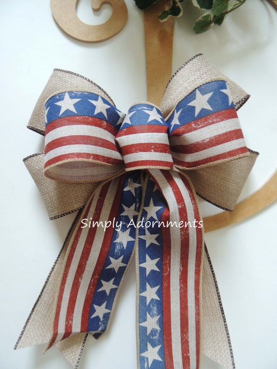 Vintage Stars and stripes bow Sparkle Burlap Patriotic rustic farmhouse wreath bows Rustic Patriotic Farmhouse Bow Farmhouse July 4th bows Il_570xn