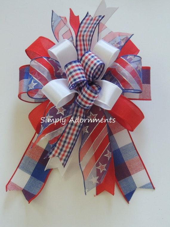 Patriotic Farmhouse Bow, Patriotic Buffalo Check Wreath Bow, July 4th Wreath bow, 4th of July Door Bow, Patriotic Lantern swag Bow, Gift bow