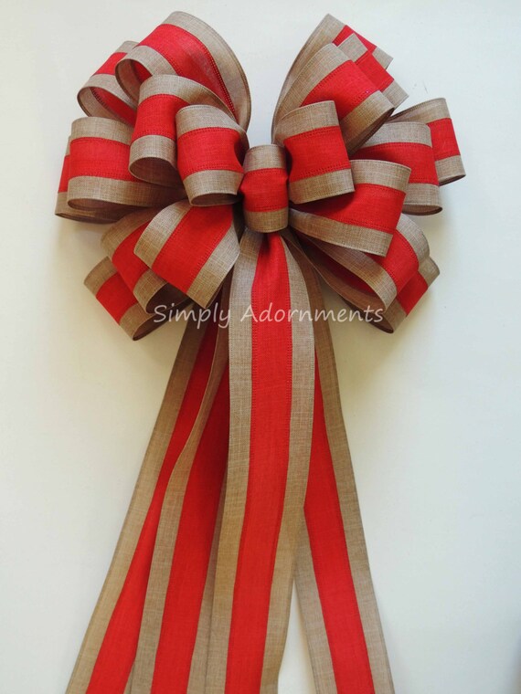 Farmhouse Red Tan Bow, Red Natural Burlap Wreath Bows, Rustic farmhouse Christmas tree topper Bow, Red Burlap Christmas tree bow,  Door bow