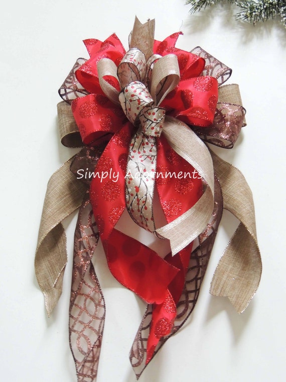 Christmas bow, gift bow, bow for wreath, bow for lantern, special gift bow, Christmas  ribbon, bow with tails, wired ribbon, tree topper