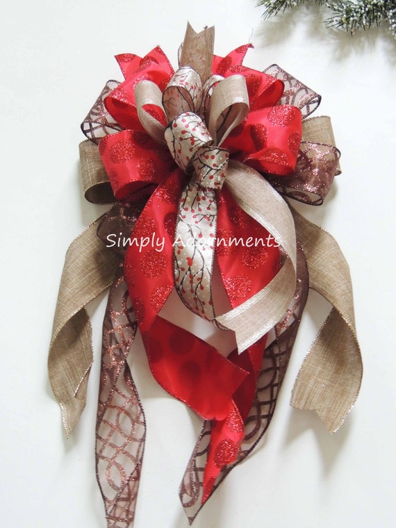 Rustic Christmas Berry Bow, Red Brown Christmas Tree Topper bow, Christmas Red Berry Tree Bow, Berry Teardrop Swag Bow Red Berry Lantern Bow