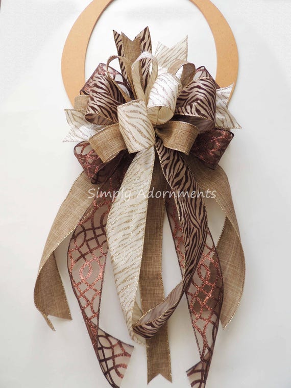 Zebra Christmas Bow, Brown Tan Safari Christmas Decor, Christmas Animal Tree topper, Wreath bow