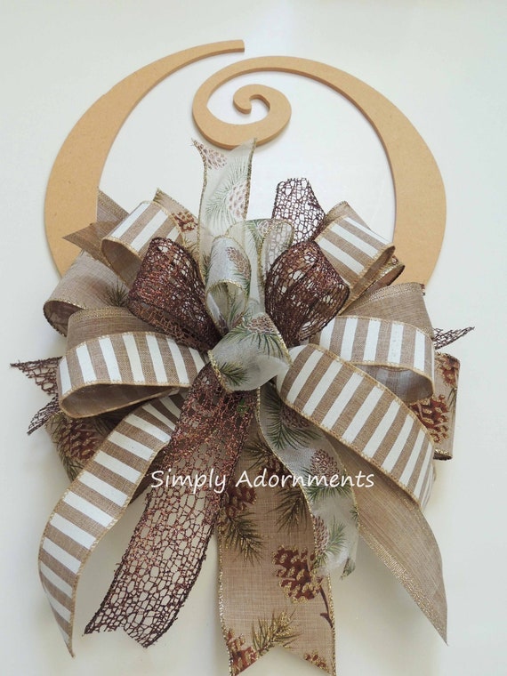 Farmhouse Christmas Tree Bow, Farmhouse Christmas Bow, Neutral brown Christmas Pinecones Bow, Whimsical Brown Tan Farmhouse Bow bow