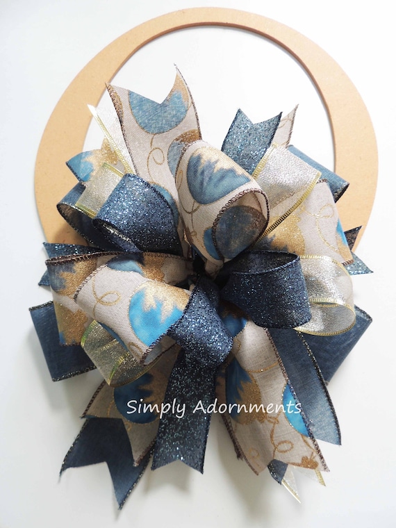 Blue Gold Ornament Bow, Dusty Blue Gold Christmas Ornaments bow, Dusty Blue Gold Christmas Tree Bow, Christmas Lantern Bow, tree topper bow