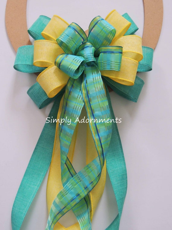 Green Teal Plaid Bow, Green Yellow Easter bow, Spring Plaid Wreath bow, lantern Bow, Green Yellow door bow, Spring Porch sign bow, Gift bow