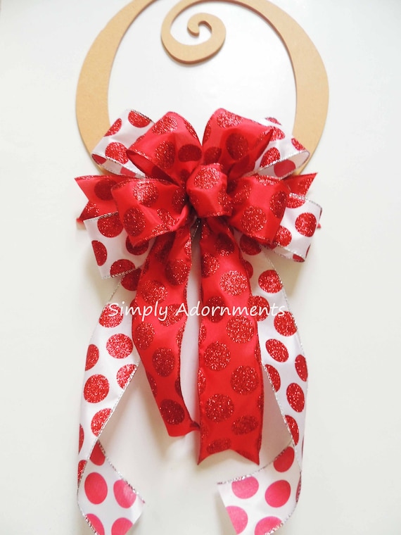 Red white Christmas Bow, Red White polka dots Bow, Bow for Wreath,  Tree Topper bow, Red white Lantern Bow, Door bow, Christmas Swag Bow