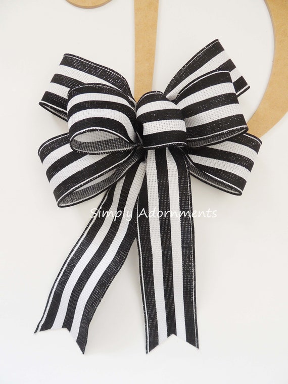 Farmhouse Black White Stripes Bow, Burlap Farmhouse Wreath Bow, Black stripes lantern bow, Everyday Country Stripes Bow Black white gift Bow