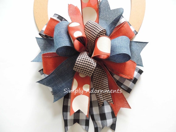 Orange Denim Bow, Denim Orange lantern Bow, Blue denim orange bow, Orange Blue Denim Wreath Bow, Fall Farmhouse Bow, Fall Farmhouse Door bow