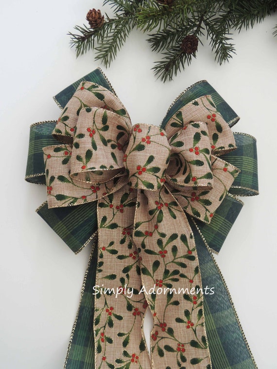 Christmas Holly Bows, Hunter green Christmas Bow, Holly green plaid wreath bow, Christmas plaid door Bows, Christmas Holly Lantern swag bow