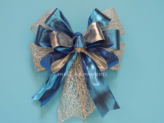 Blue Silver Gift Bow Metallic Blue Silver Wreath Bow Blue Silver Pew Bow Blue Christmas Ornament Bows Blue Winter Holiday Door hanger Bow Il_570xn