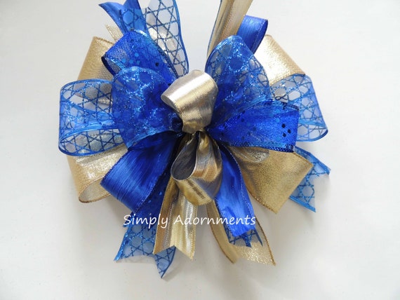 Blue Gold Hanukkah Bow, Hanukkah wreath Bow, Whimsical Blue Gold Hanukkah door Bow, Hanukkah Celebration Bow, Hanukkah swag Lantern Bow