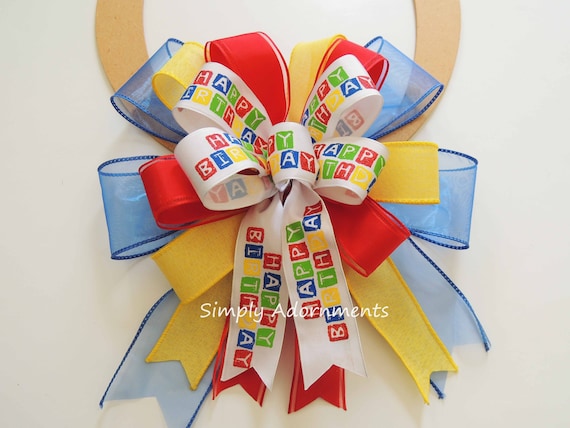 Happy Birthday Bow, Red Blue Yellow Hero Birthday Bow, Superhero Birthday Party Decor, Funky Birthday Gift Bow, Birthday bow for Decoration