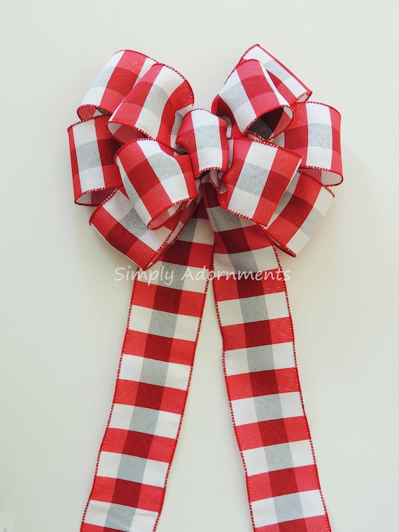 Red Grey Buffalo Check Farmhouse Wreath Bows,  Farmhouse Christmas Wreath Bow, Red Grey Buffalo Plaid Bow, Farmhouse accent bow for wreaths