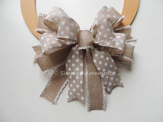 Farmhouse Tan Bow, Neutral Christmas Bow, White dots Bow, Beige Tan Sign Door, gift bow, Wreath Accents